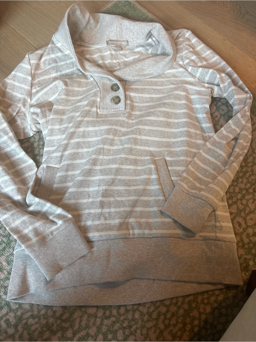 Banana Republic Light Gray and White Striped Cowl-Neck Pullover Sweater